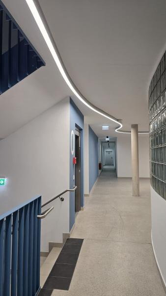 Bogenförmiges LED-Deckenlicht in einem modernen Präsentationsbereich